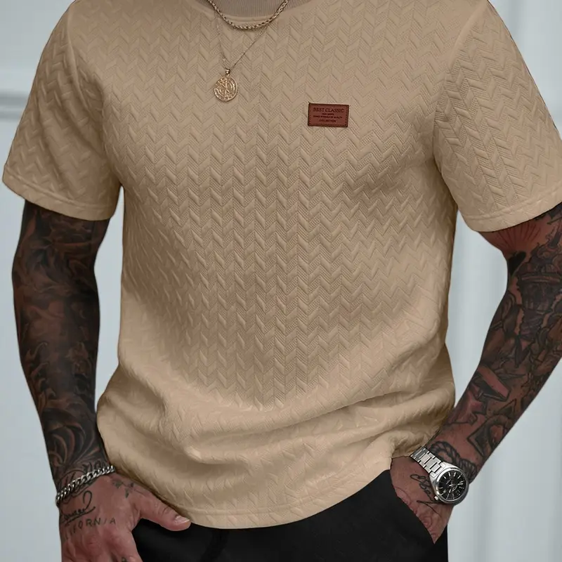 Men's Casual Textured Fabric Short Sleeve Fitted T-Shirt, casual style tee, Ribbed Round Neck Top, Summer Solid Color Plain Fashion Streetwear Men's Clothing, Menswear