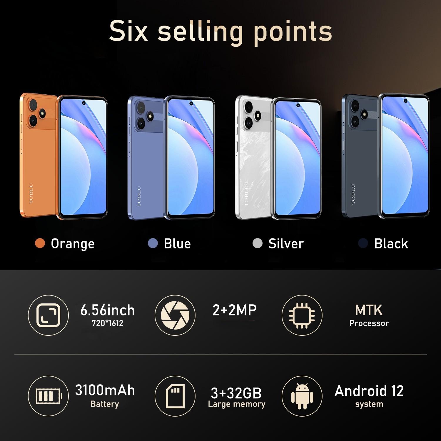 TOBLU-M17 PRO smartphone, 2MP+2MP pixels, 4G dual SIM dual standby, Dual Card Phone, 6.56-inch HD screen, 3GB RAM +32GB ROM, 3100mAh battery, metal integrated frame, Android 12 system