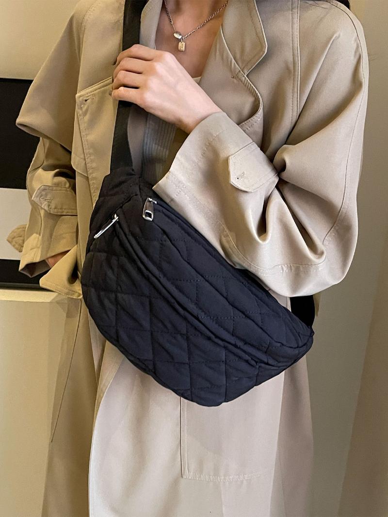 Women's Solid Color Quilted Fanny Pack, Fashionable Argyle Embossed Zipper Chest Bag for Daily Used, Casual Trendy Versatile High-quality Daily Commuting Bag