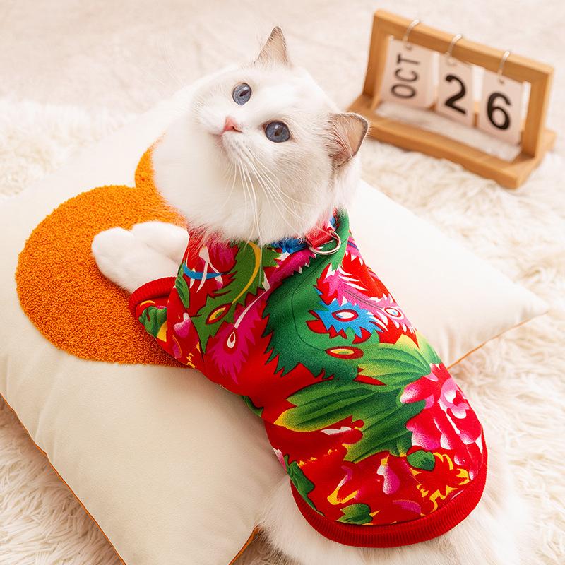 Kitten Apparel Autumn Winter Floral Sweatshirt for Ragdoll British Shorthair New Year Two Legged Cat Clothes