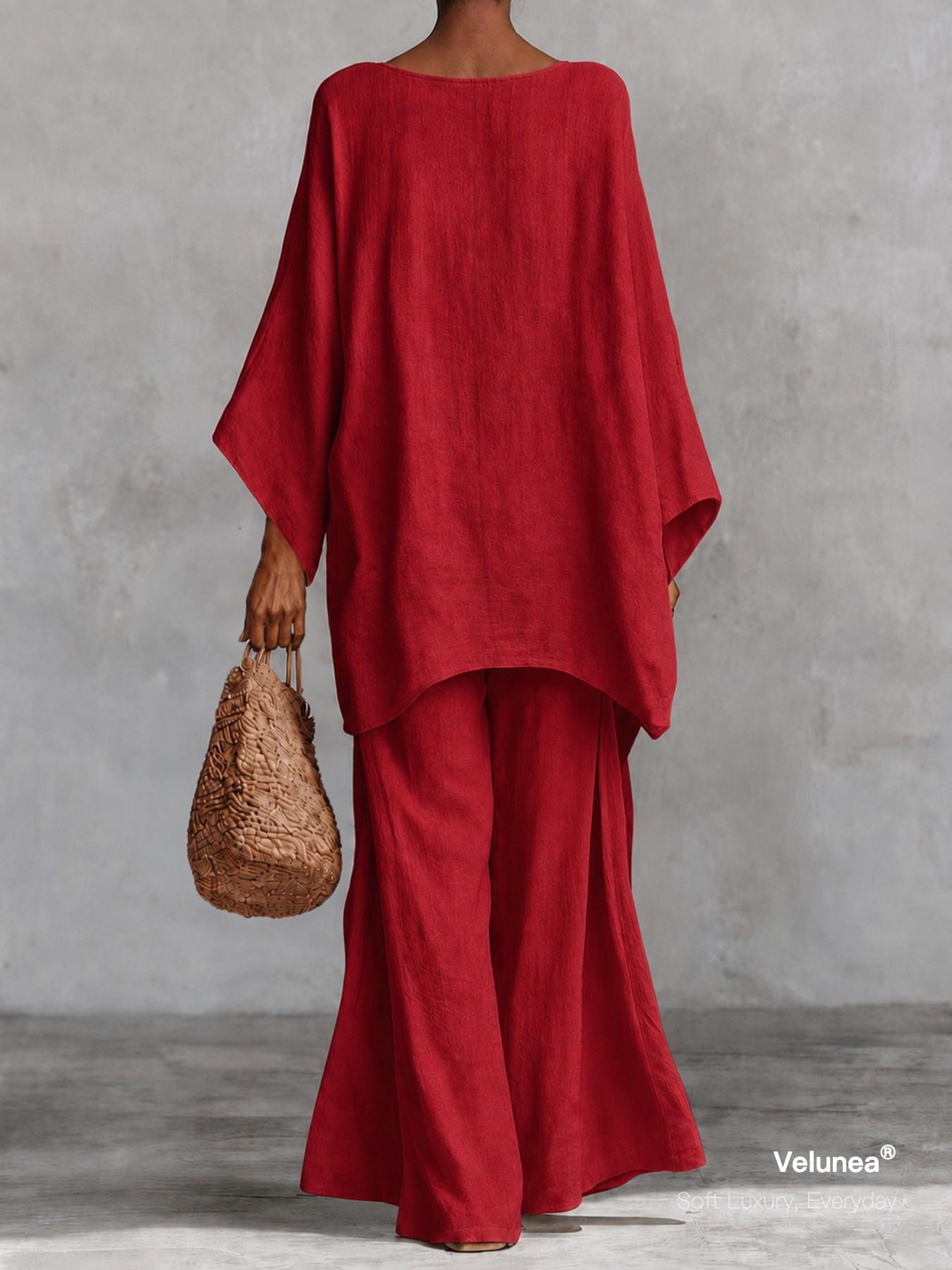 2-Piece Set, Velunea Women’s Elegant Casual Wide Leg Pants Set, Draped Cape Top and Flowing Trousers Matching Outfit, Minimalist Resort Wear for Vacation and Everyday Style