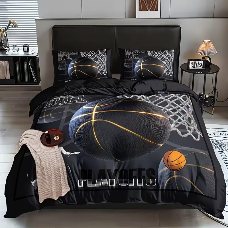 3pc Slam Dunk Pattern Bedding Set, Basketball Letter Print Duvet Cover Set, includes 1 duvet cover and 2 pillowcases, suitable for single, double, and king-size beds, available in multiple sizes.  Ideal for bedrooms, guest rooms, dormitories, and hotels