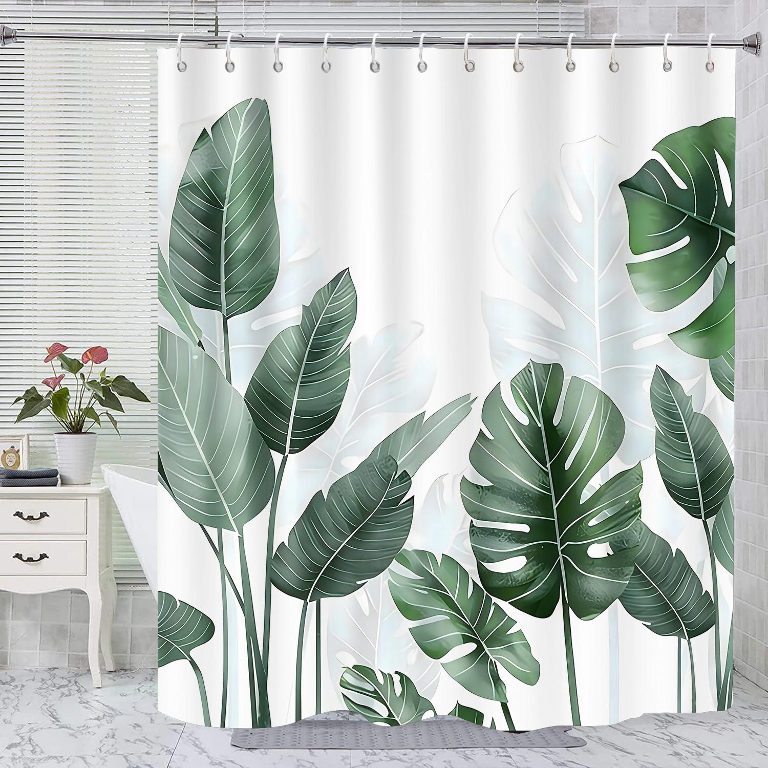 [Popular Choice]1pc/4pcs, bathroom curtains shower, shower curtain set, shower curtains, bathroom decor,bathroom rug, home decoration, bath mat, tortoise shell bamboo pattern, tropical plant theme decoration, with 12 hooks.