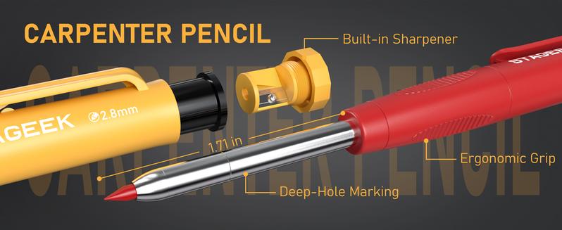 Fathets Day Gifts Him STAGEEK 2Pack Carpenter Pencils with 26 Refills, Heavy Duty Woodworking Tools,Mechanical Pencil Set with Built-in Sharpener, Deep Hole Long Nib Marker Pens,Woodworking Pencils for Architect - with Case, Black, Red
