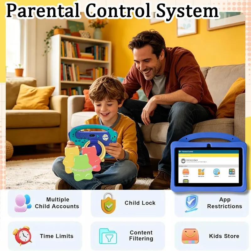 New 7-inch kids' tablet Learning Tablet with Android 13, 1GB RAM and 16GB ROM, WiFi support, comes with a shockproof silicone case and cute dinosaur design. Parents can control the educational apps. Dual cameras, perfect Children's Day gift for kids.