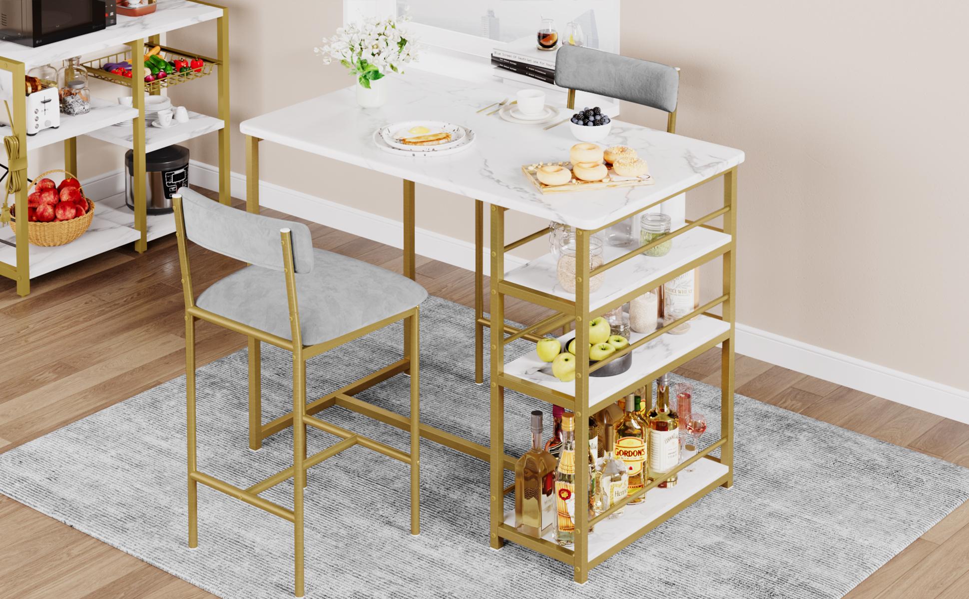 Garvee 3-Piece Dining Table Set for 2 with Upholstered Velvet Gray Chairs and Gold White Counter Height Table Featuring 3 Storage Shelves, Ideal for Small Spaces and Apartments