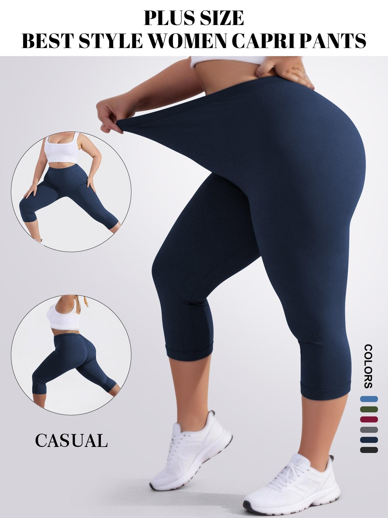 Plus Size Women's High Elasticity Capri Pants, Soft Comfortable Fabric, Non-Transparent Yoga Leggings for Leisurewear, Multiple Color Options, Elastic Waist Leggings