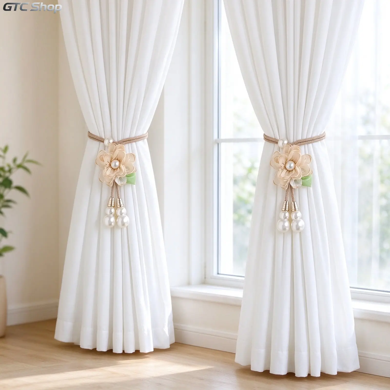 Curtain Tiebacks (2 Pairs), French Country Floral with Faux Pearls, Soft Adjustable Stretch Woven Cord, Durable Tool-Free Wrap Design, Decorative Curtain Holdbacks for Bedroom Living Room Window Drapes Home Decor