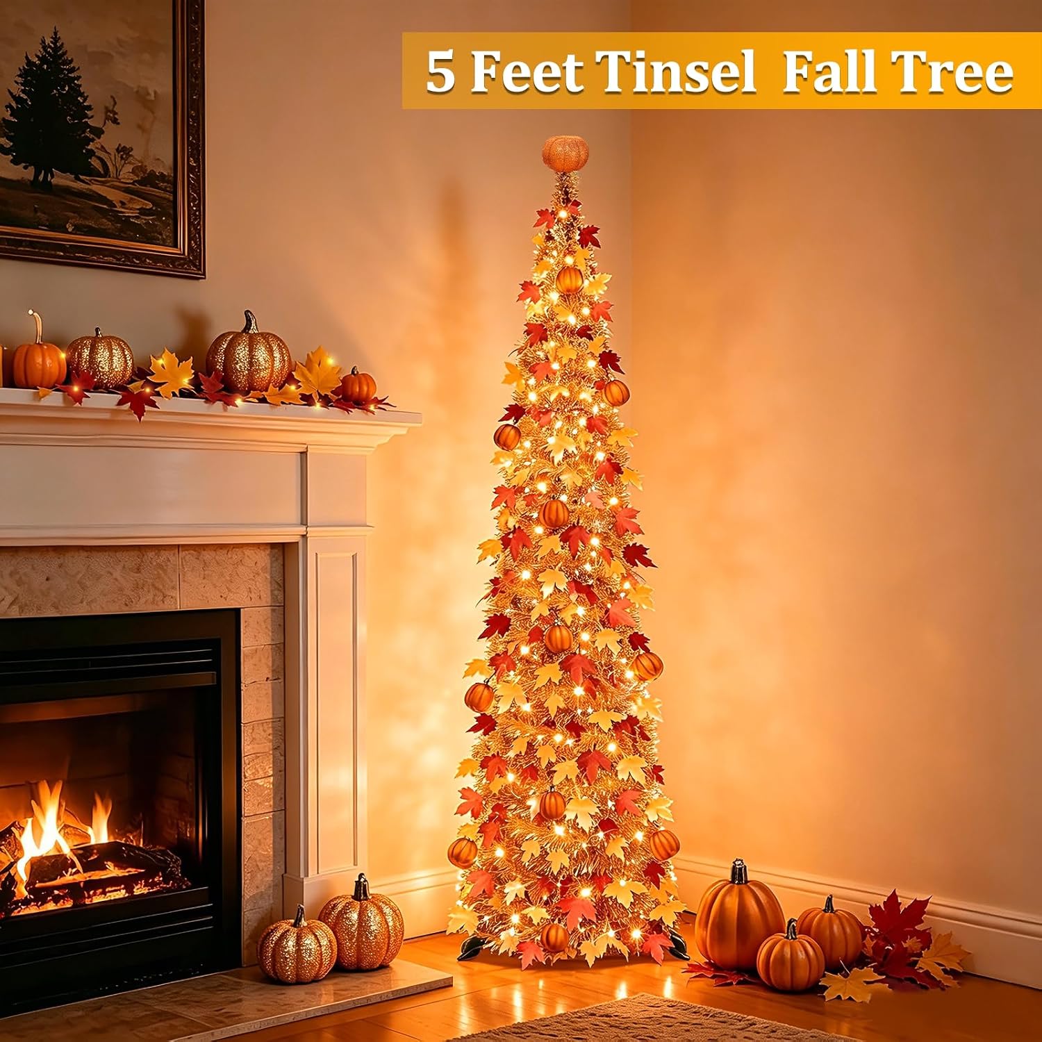 5 FT Lighted Fall Tree Decor with Warm White Lights, Halloween Thanksgiving Pumpkin Tree Decorations for Home, Battery Operated Maple Tree for Indoor Harvest Party