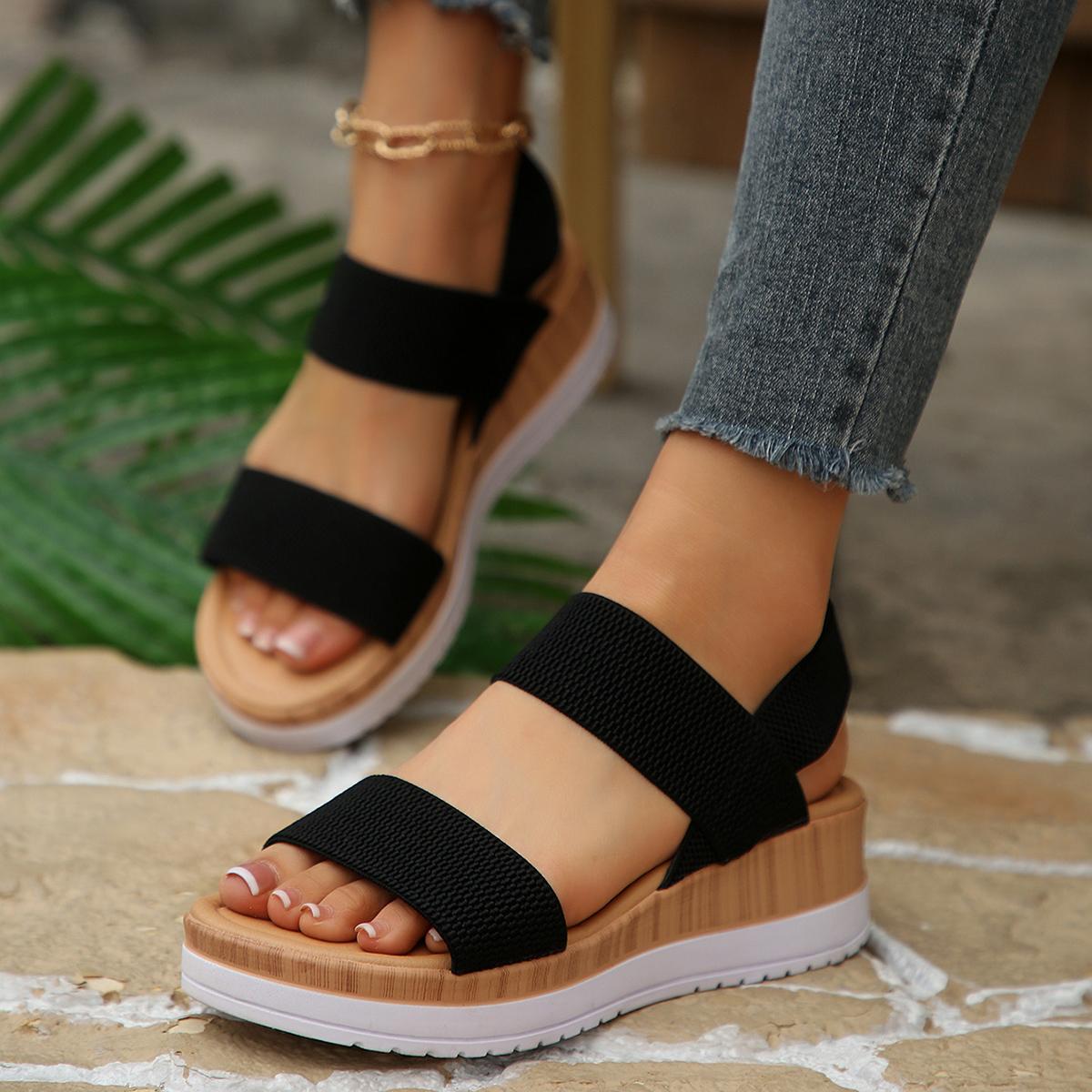 Minimalist Stretchy Strap Slingback Wedge Sandals, Layer Platform Everyday Summer Footwear for Women, Strappy Wedge Sandals