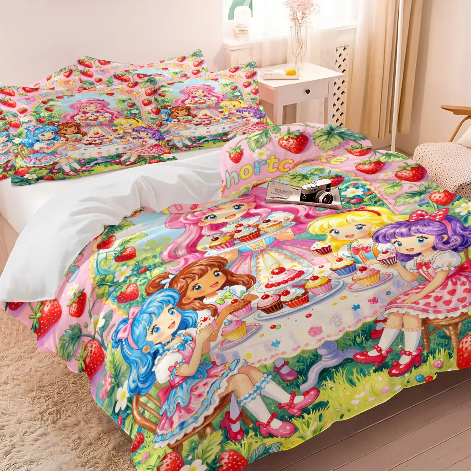 Kawaii Strawberry Shortcake & Friends Duvet Cover Set, 1 Duvet Cover + 1/2 Pillowcases, Magical Tea Party Print Bedding, Ultra Soft Breathable Microfiber, All Season Cozy Bedspread for Girls