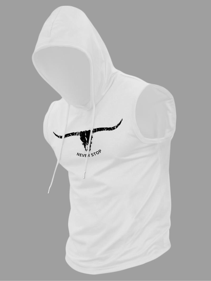 Men's Regular Fit Cartoon Bull Head Print Hooded Tank Top, Casual Comfy Breathable Sleeveless Top for Summer, Fashion Men's Clothes for Daily Wear, Socks