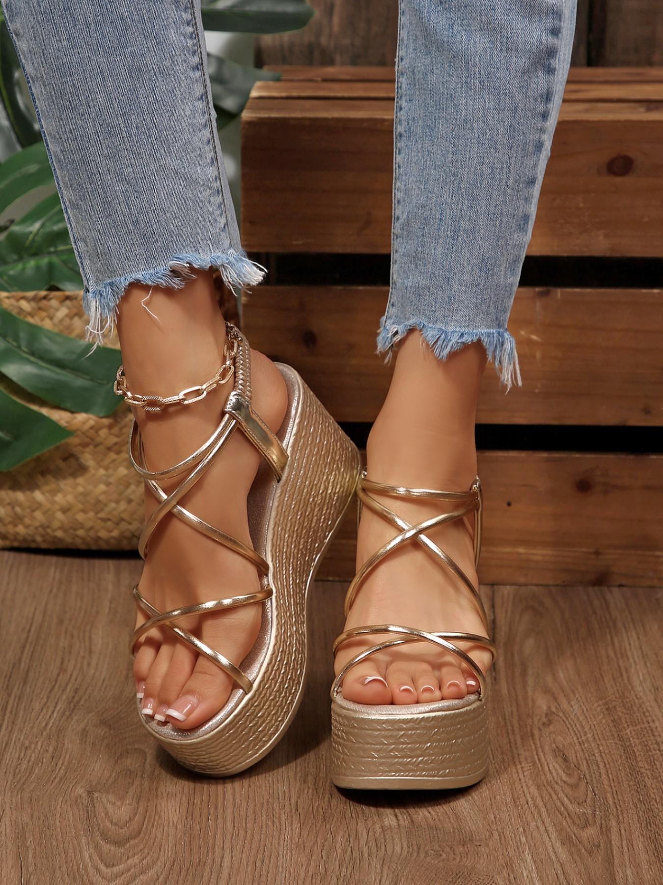 Summer New Thin Strap Cross Tie Open Toe Wedge Heel Thick Sole Sandals, Comfortable Casual Outdoor Wear, Height-Boosting Elastic Ankle Band, Vacation Style High Heel Sandals, Strappy Sandal
