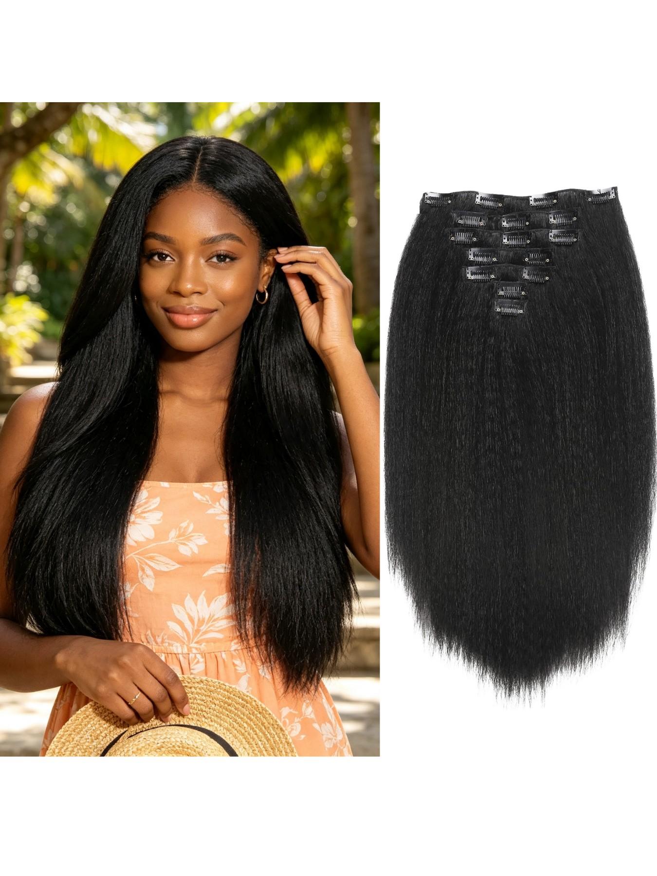 20"/22"/24"/26" 7-piece Yaki clip-in synthetic straight hair extensions with 16 clips, suitable for Black women, seamless volume-adding hair pieces, natural black