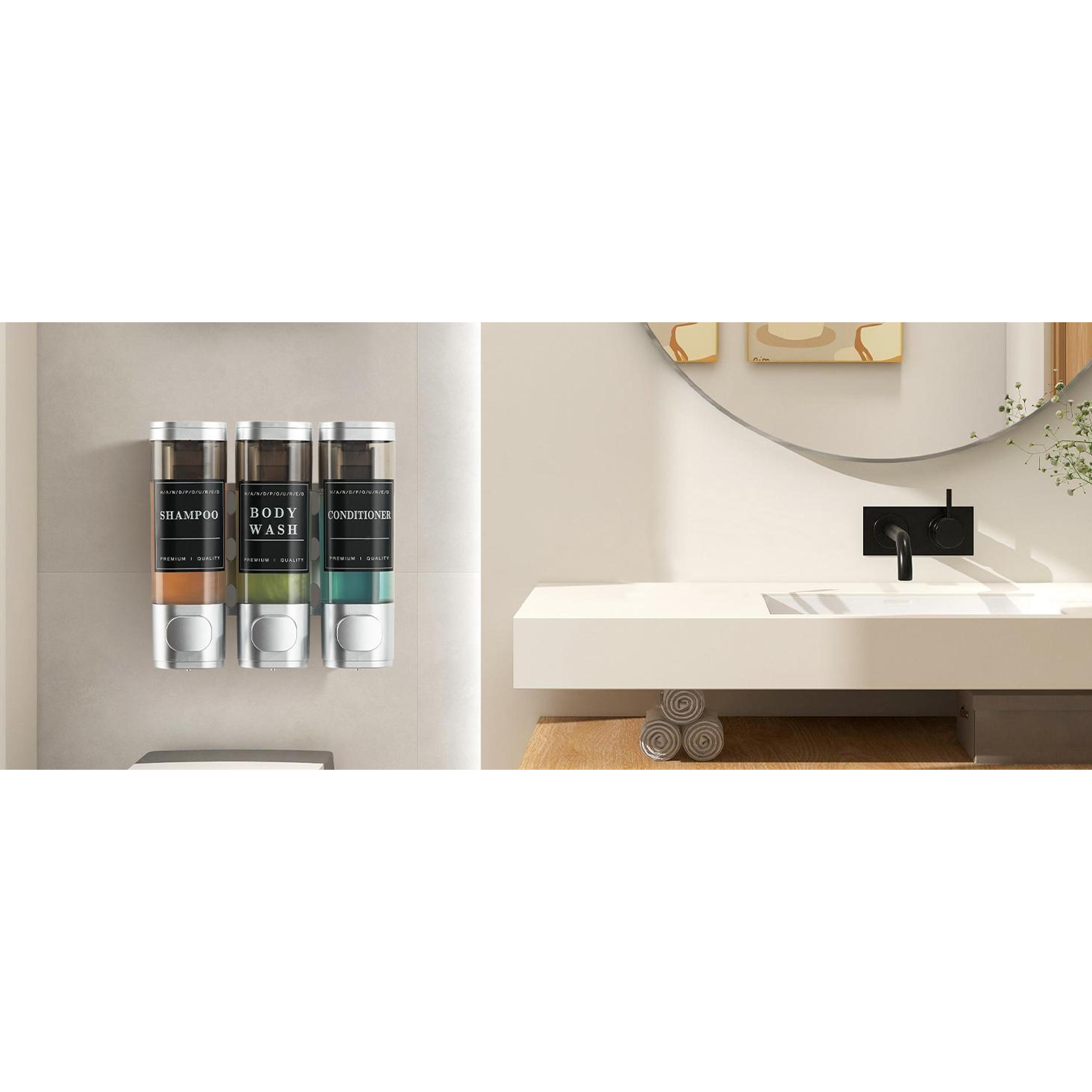Shower Soap Dispenser Wall Mounted No Drill Shampoo Dispenser for Shower Wall Shampoo and Conditioner Dispenser Bathroom Hotel 3 * 300ml Silver with Labels