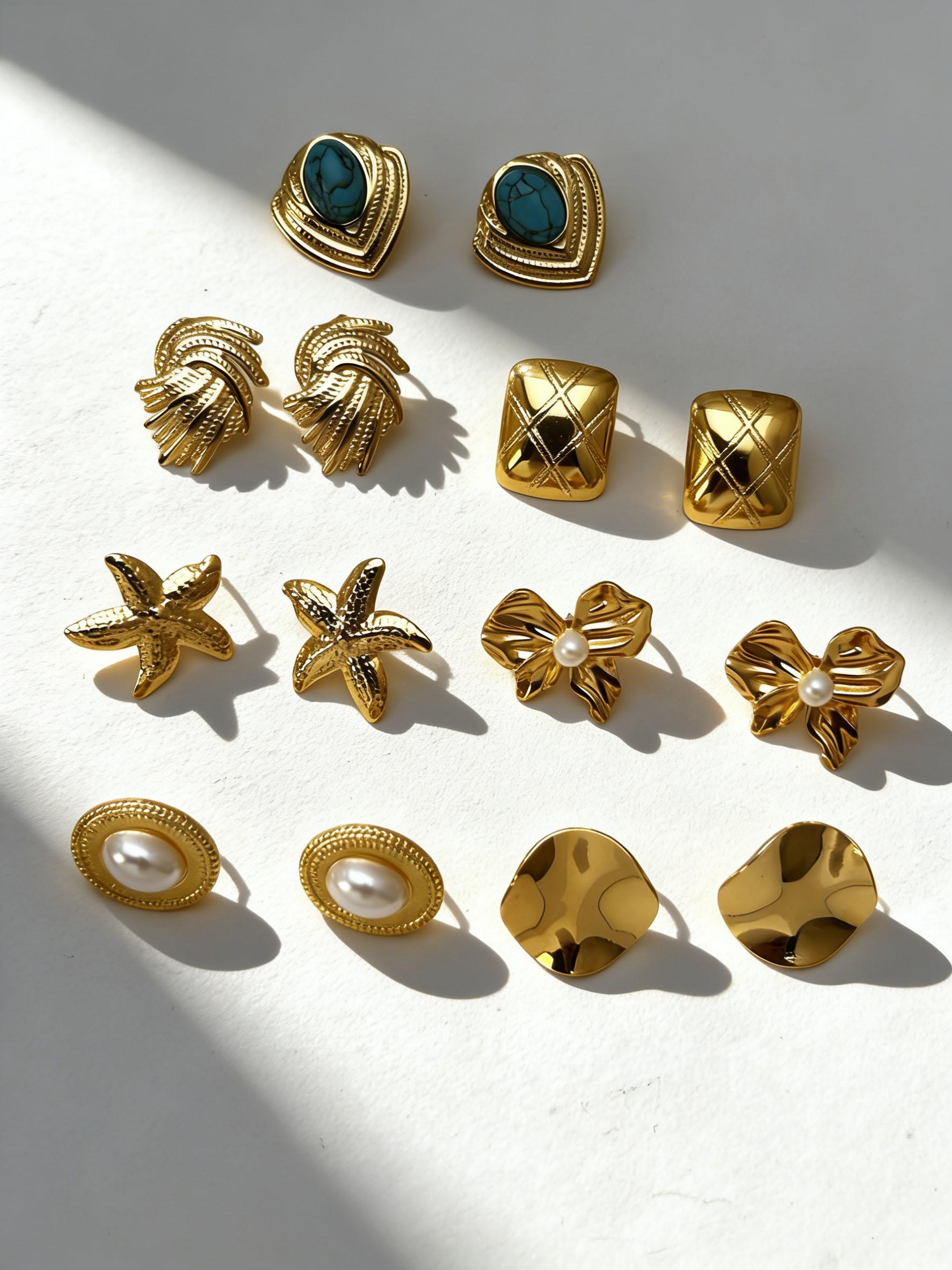 Boho Gold Statement Earrings for Women, Waterproof Stainless Steel Gold Studs with Pearl/Turquoise, Trendy Fashion Jewelry Gift for Her