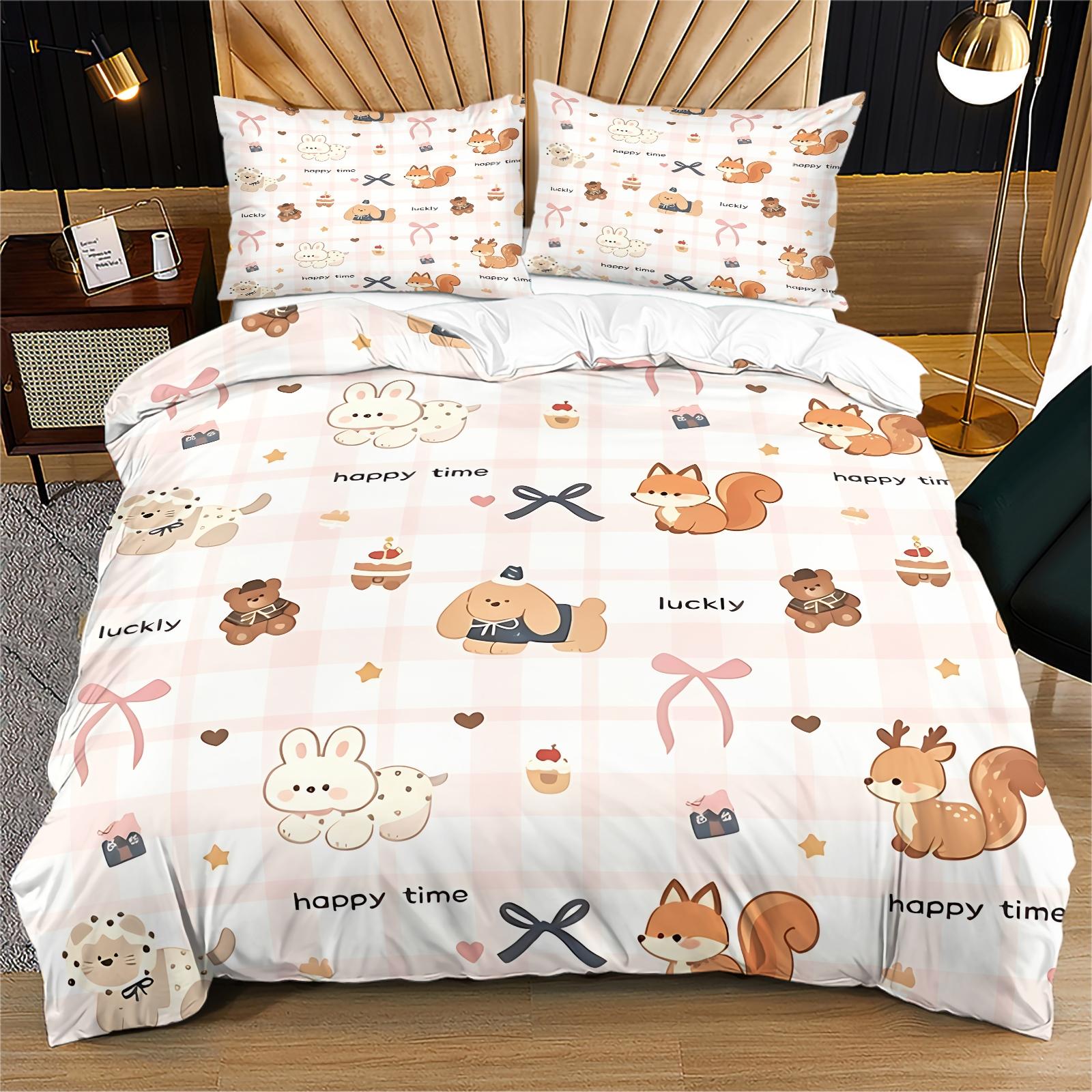 3-Piece Korean-Style Cute Cartoon Bear Checkered Duvet Cover Set, Perfect for Teenage Boys. Ultra-Soft Bedding, Fits a Double Bed. Full Queen-Size Duvet Cover Set (Filling Not Included)