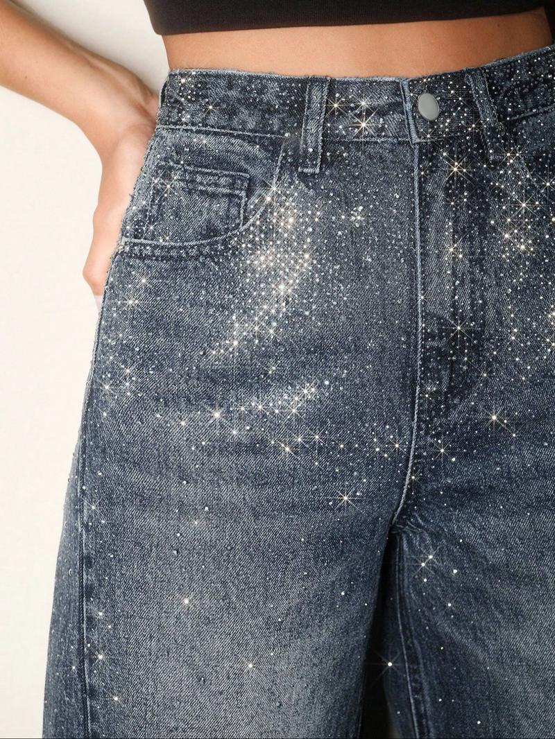 Women's New Trendy Rhinestone Glitter Straight Leg Jeans, Party Washed Denim Young Elastic Comfortable Long Pants, Casual Fitted H-Type