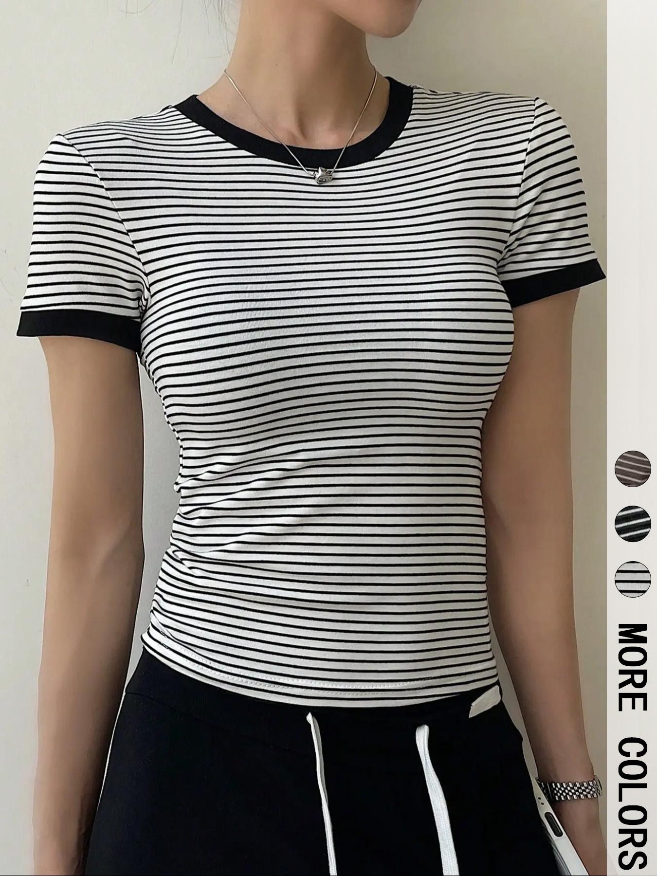 Women's Striped Print Round Neck Tee, Casual Short Sleeve T-shirt, Ladies Summer Clothes for Daily Wear