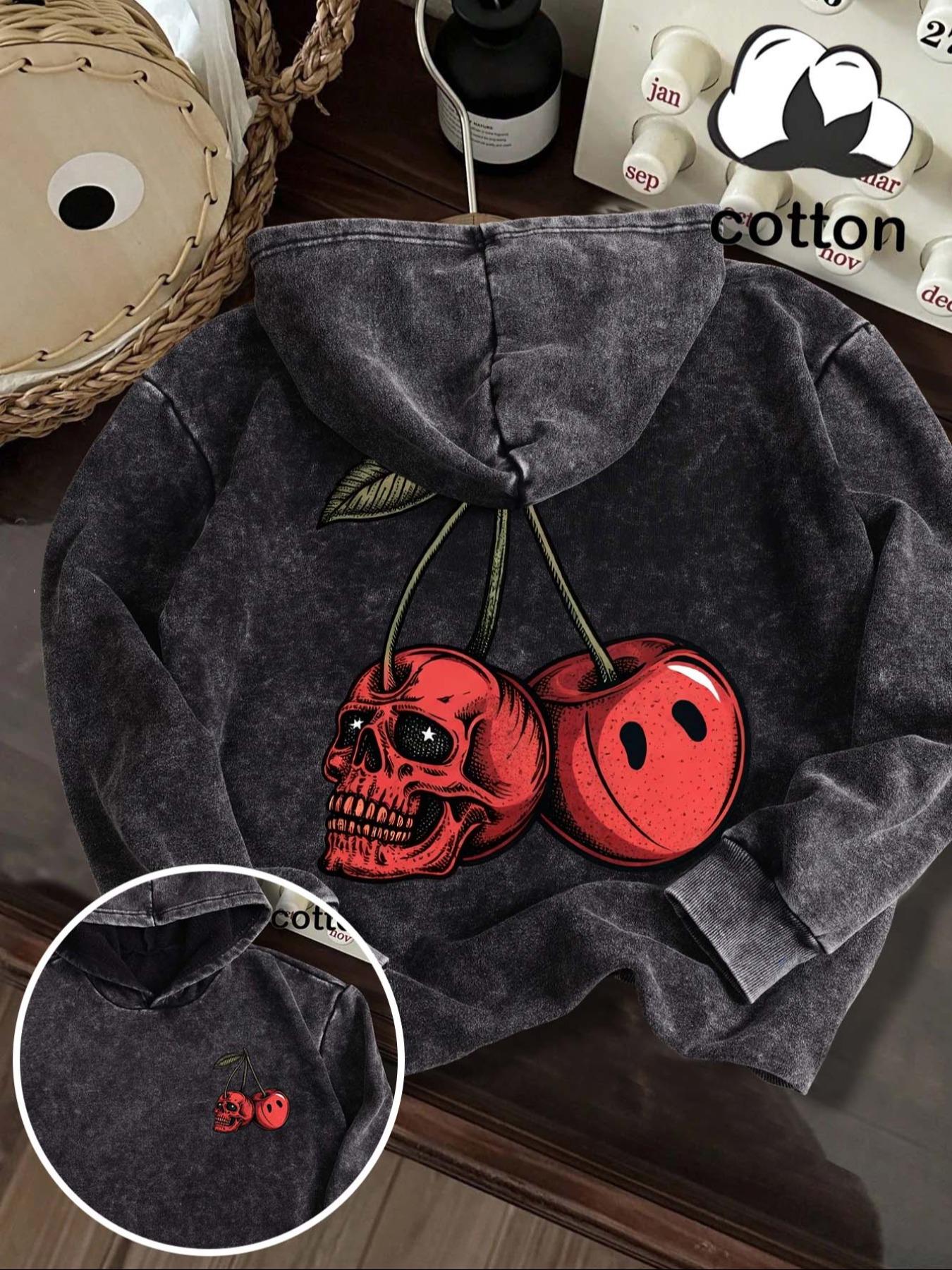 Women's Halloween Cherry Skull Graphic Print Hoodie, Fitted Casual Long Sleeve Sweatshirt, Vintage Wash Cotton, Fall & Winter Fashion