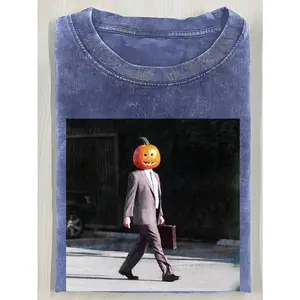 Washed Cotton Men's T-Shirts - Dwight Howard Pumpkin Head Shirt, Funny "Office" Halloween Print T-Shirt, Retro TV Show Fan Sweatshirt, Vintage Party Top, Men's Gift, Crew Neck T-Shirt