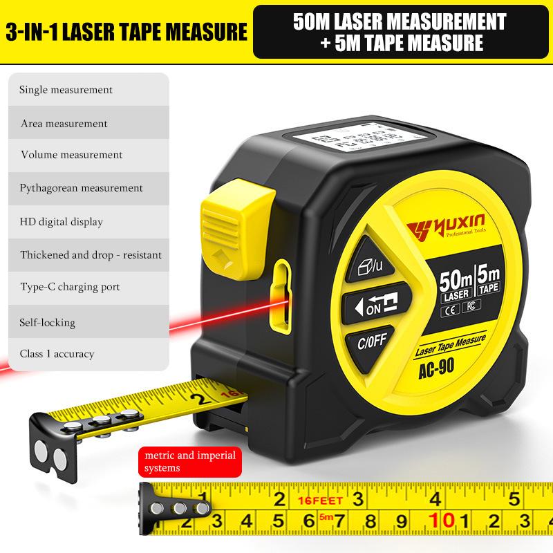 2 in 1 Digital Laser 5m Tape Measure with LCD Display, Self-Locking Device, 40m, 50m, 60m Measuring Options, Work Equipment for Men