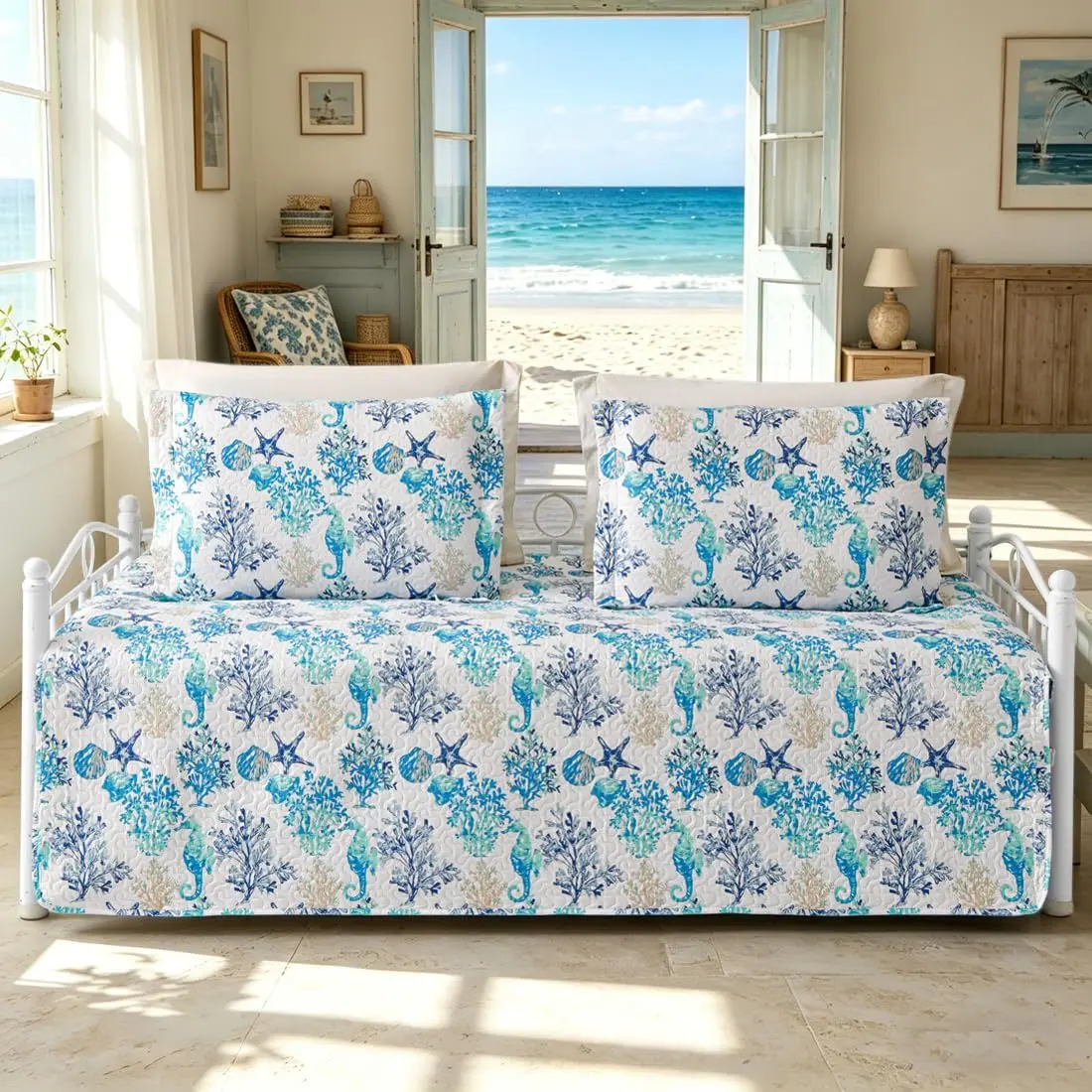 3 Piece Beach Daybed Cover Set Twin Size Quilted Daybed Bedding Sets Side Cozy Ocean Sofa Daybed Cover with 2 Shams