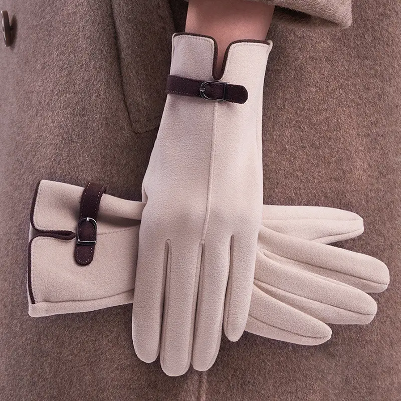 Women Elegant Suede Touch Screen Winter Gloves, Four-Leaf Clover Embroidery Touch Fingertip Gloves with Adjustable Leather Buckle Strap, Soft Lined Warm Driving Dress Gloves for Cold Weather Daily Outfits