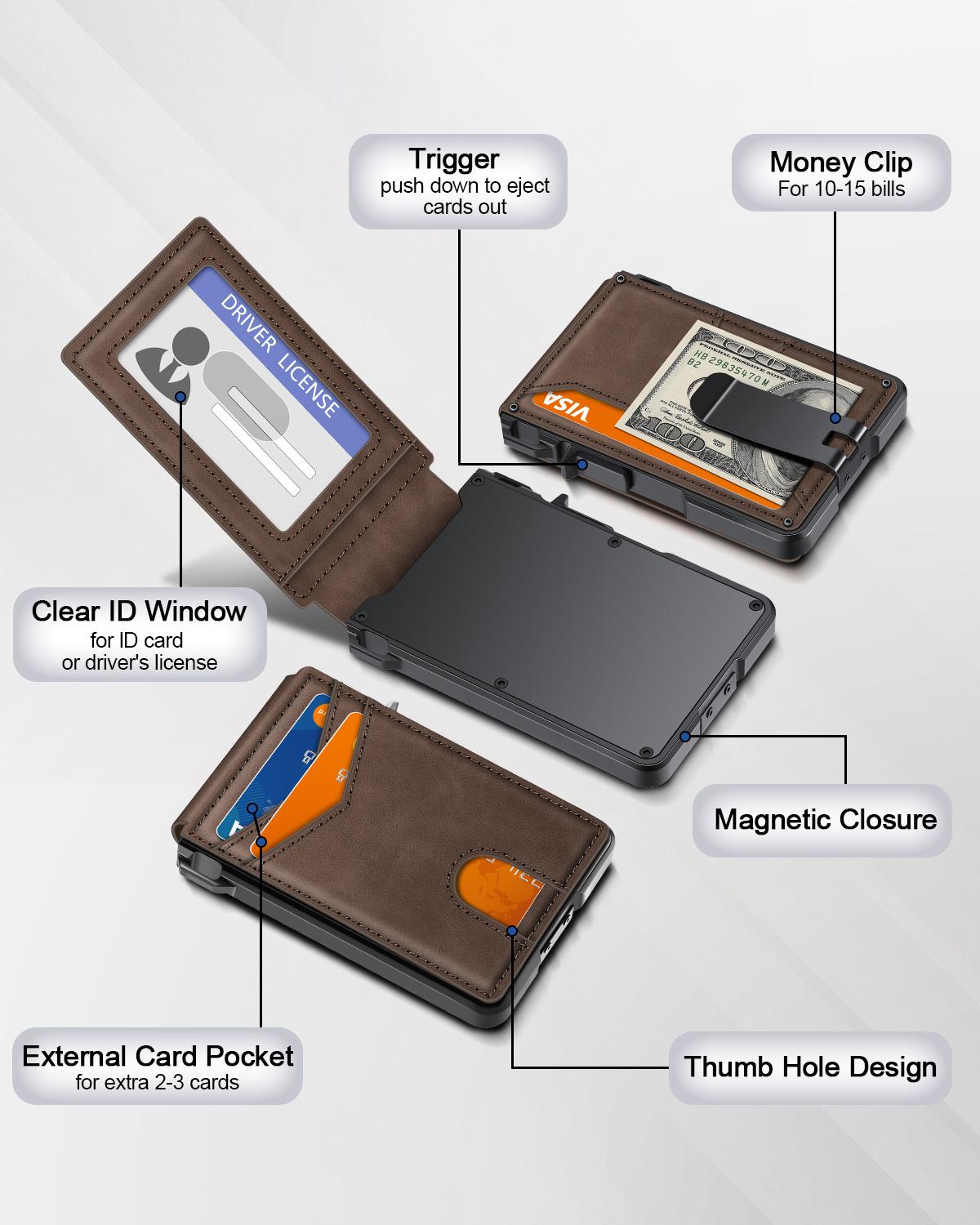 Men's Slim Minimalist Wallet with Money Clip - Holds 9-13 Cards, RFID Blocking Pop-Up Card Holder & ID Window, Aluminum Metal Bifold Wallet