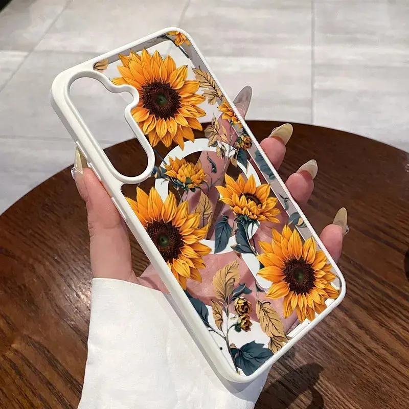 Magnetic Silicone Cellphone Case for Samsung Galaxy S22+ S23 Ultra S24 Plus S25 S26, Vintage Sunflower Pattern, Shockproof, Anti-Scratch, Durable Stylish Mobile Phone Accessories Protector Casing