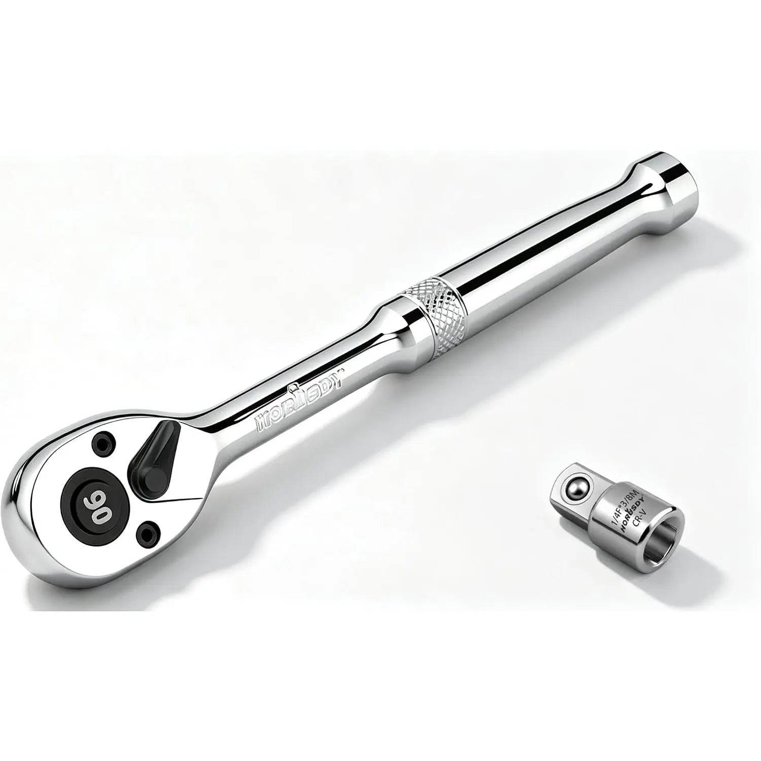 HORUSDY 1/4" Drive 90-Tooth Quick-Release Ratchet Handle with 1/4" to 3/8" Adapter, Reversible Thin Profile Socket Wrench, 4° Swing Arc, Ergonomic Anti-Slip Grip, Ideal for Auto, Bike & Home Repair