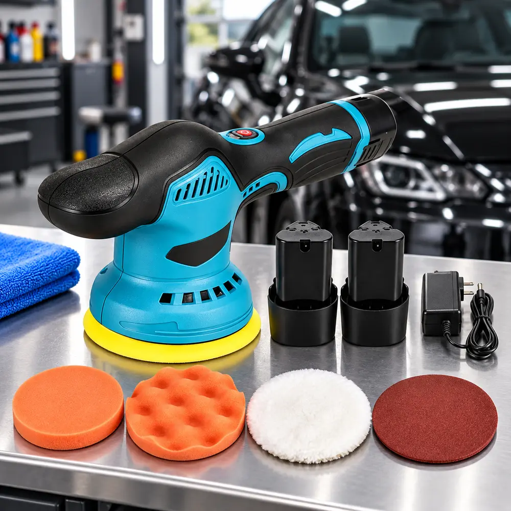 5 inch cordless buffer polisher for car detailing, compatible with 125mm polishing pads, for waxing buffing sanding and finishing, for car paint boat wood metal counters and furniture, quick-change adhesive backing plate