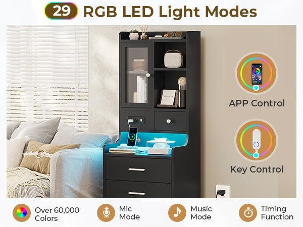 Sikaic LED Tall Nightstand With Charging Station Drawers Shelves Glass Door Storage Bedroom Furniture Apartment Furniture Modern Design Wood Bedside Table