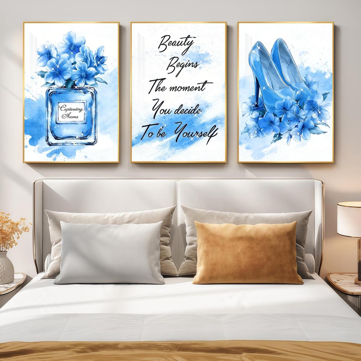 3 Counts Aluminum Alloy Framed Painting, Blue High Heels Perfume And Flowers Illustration, Home Decoration For Living Room, Bedroom, Office, Restaurant, Hallway Wall Decor, Odorless Print Artwork, Luxury Perfect Gift For Friends And Family