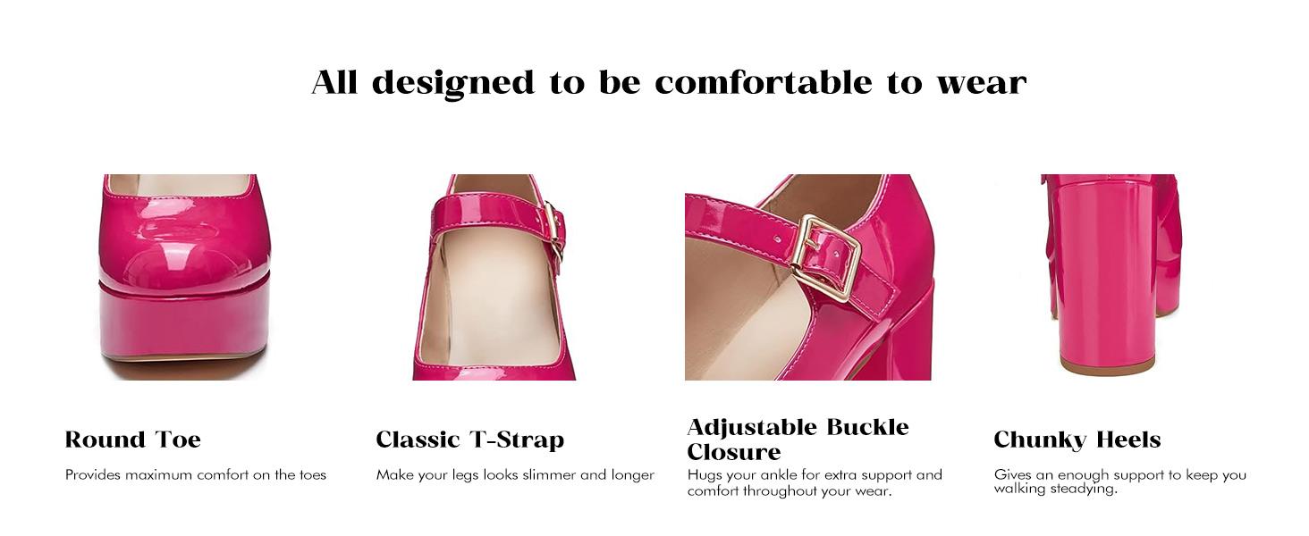 Coutgo Womens' T-Strap Round Toe Chunky Platform Heels Patent Mary Jane Dress Shoes