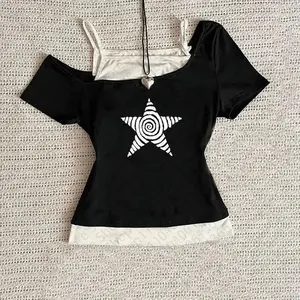 Aesthetic Gothic Punk Streetwear Women Casual 90s Vintage Grunge Star Graphic Print Short Sleeve T-Shirt Y2k Crop Tops Emo Girls