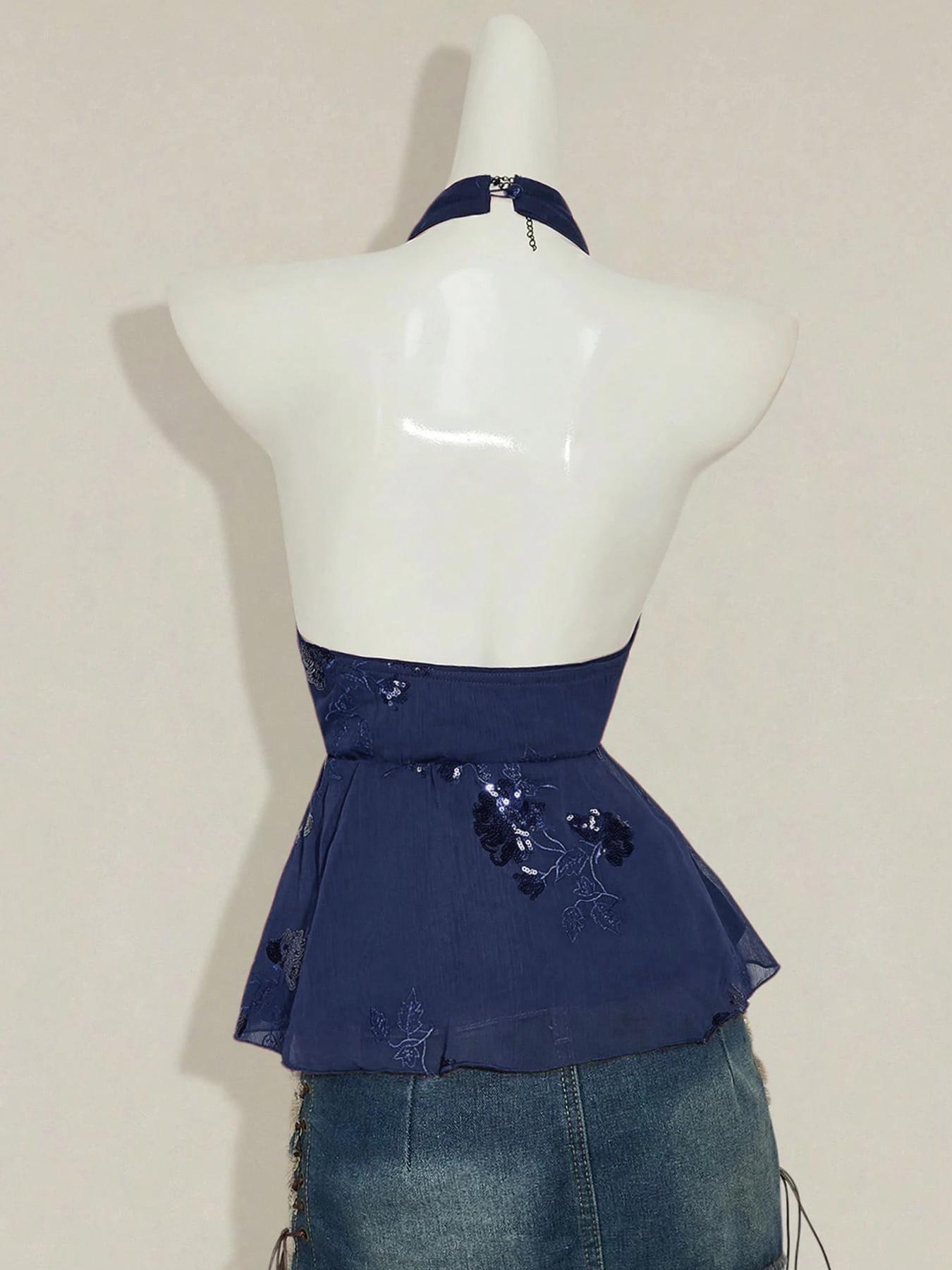 1 Piece Beaded Halter Tank Top | Euro-American Retro Vibe | Deep V Design + Sequin Beading | Elegant Pick for Dinner Parties / Wedding Guests