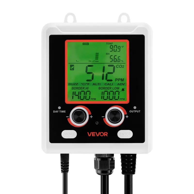 VEVOR Hanging Compact Digital CO2 Monitoring Controller with NDIR Sensor, LCD Display, 0-5000ppm Range, Dual Outlets, Day-Night Detection, Human Auto Sensing, Auto Ventilation, Accurate CO2 Tracking, 1.61 lbs, 32-122°F/0-50°C for Greenhouse VEVOR Hanging Compact Digital CO2 Monitoring Controller with NDIR Sensor, LCD Display, 0-5000ppm Range, Dual Outlets, Day-Night Detection, Human Auto Sensing, Auto Ventilation, Accurate CO2 Tracking, 1.61 lbs, 32-122°F/0-50°C for Greenhouse