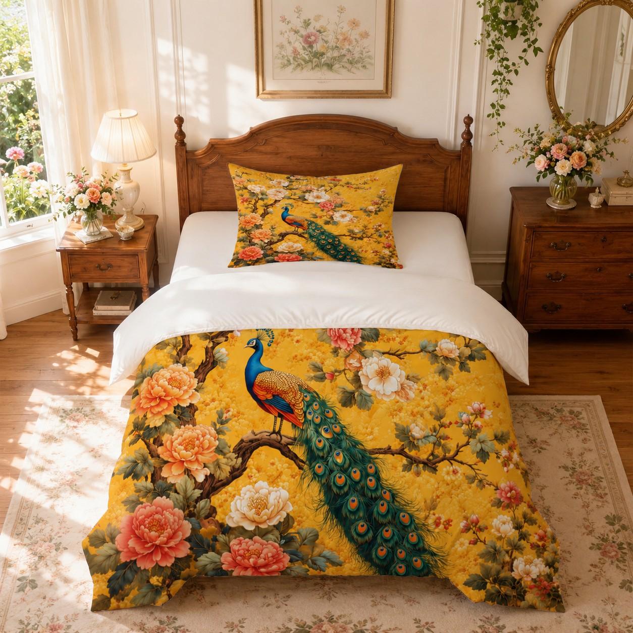 Peacock & Peony Duvet Cover Set, 2/3 Pieces (1 Duvet Cover + 1/2 Pillowcases, No Inserts Included), Vintage Oriental Floral Print, Soft & Breathable Bedding, Suitable for Adults' Bedroom Decor and Home Use for Chinese Style Lovers