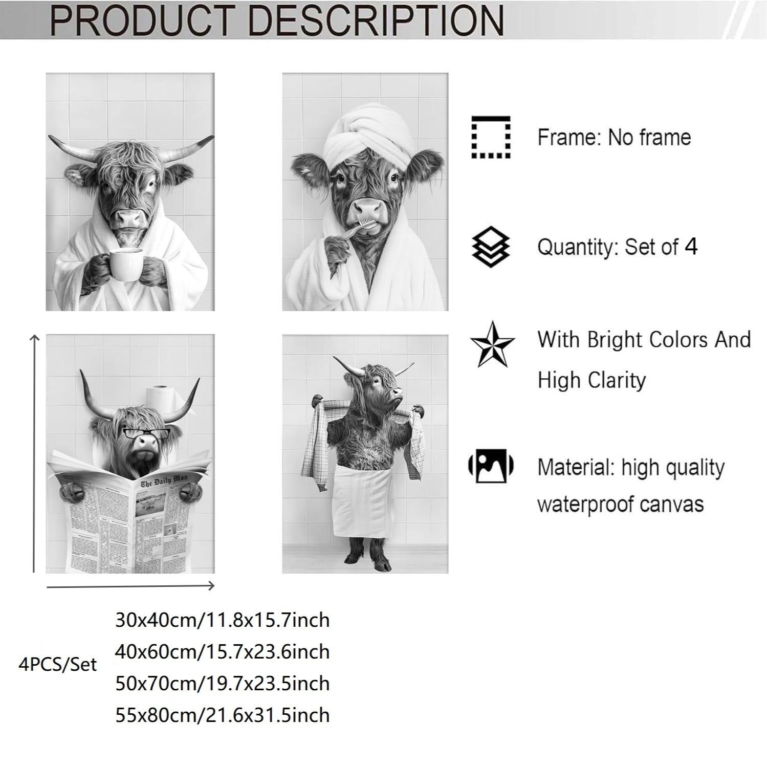 4pcs/set Frameless Funny Bathroom Humorous Animal Painting Calligraphy HD Canvas Poster living room bedroom bar aesthetic decoration
