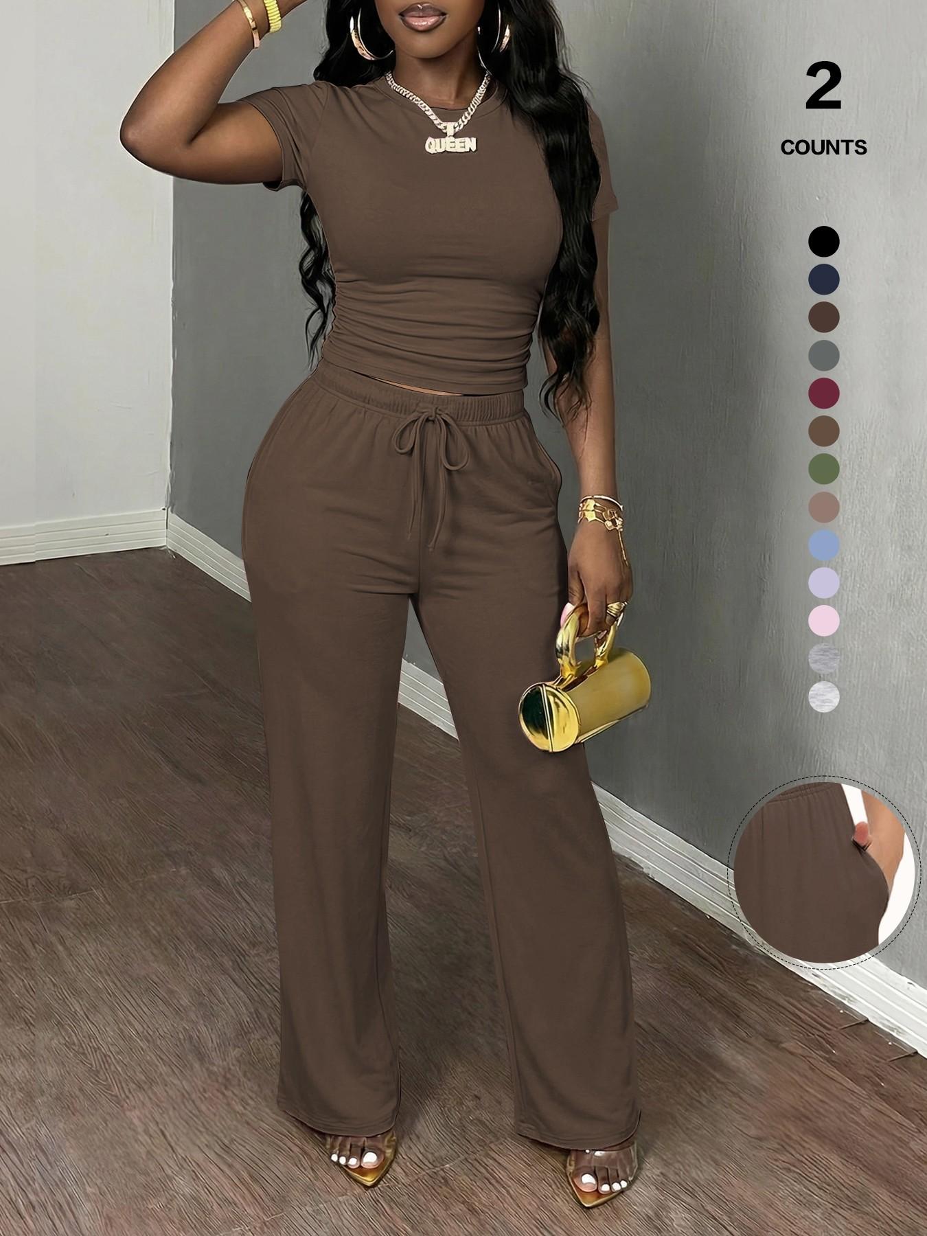 Women's Spring Summer Casual Set, Round Neck Short Sleeve Top & Wide Leg Pants, Slim Fit Home Wear, 2 Piece Comfortable, Casual Fashion Set