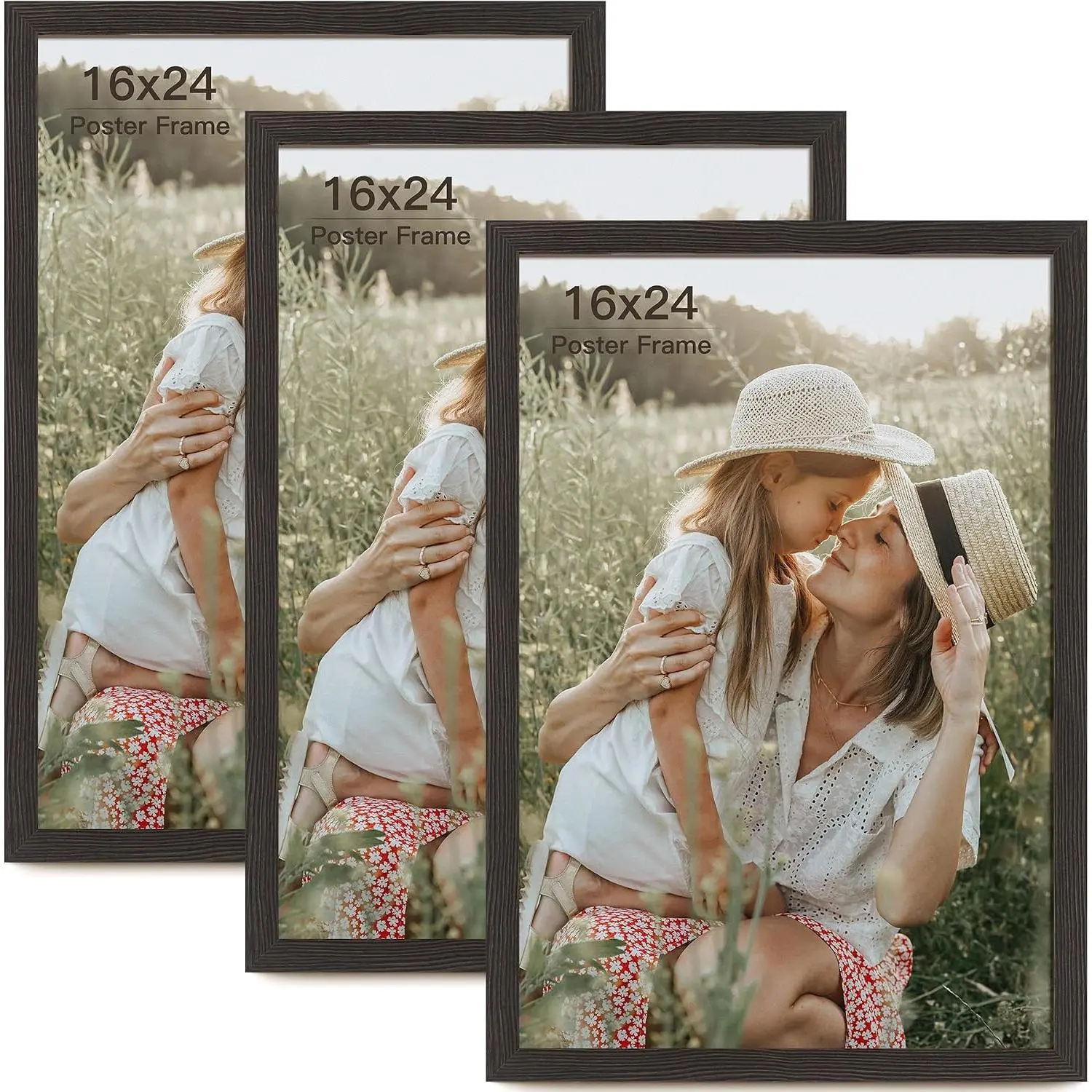 16x24 Frame Set of 3, Black Wood Grain 16x24 Poster Frame for Gallery Wall Mounting (3 Pack,Black),Acrylic Stand magnetic frames