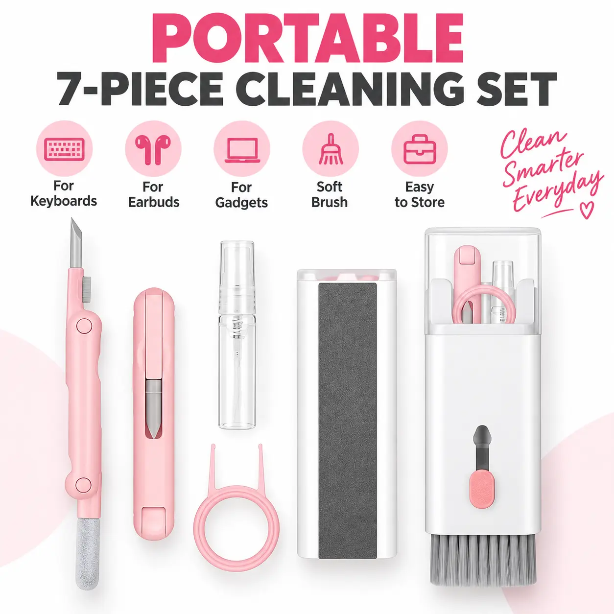 Portable 7-in-1 Pink Electronic Gadget Cleaning Tool Set, Multifunctional Keyboard Cleaner with Precision Detail Brush, Soft Flocking Sponge, Keycap Removal Tool & Compact Storage Design, Practical Cleaning Accessories for Mechanical Keyboards, Earphone C