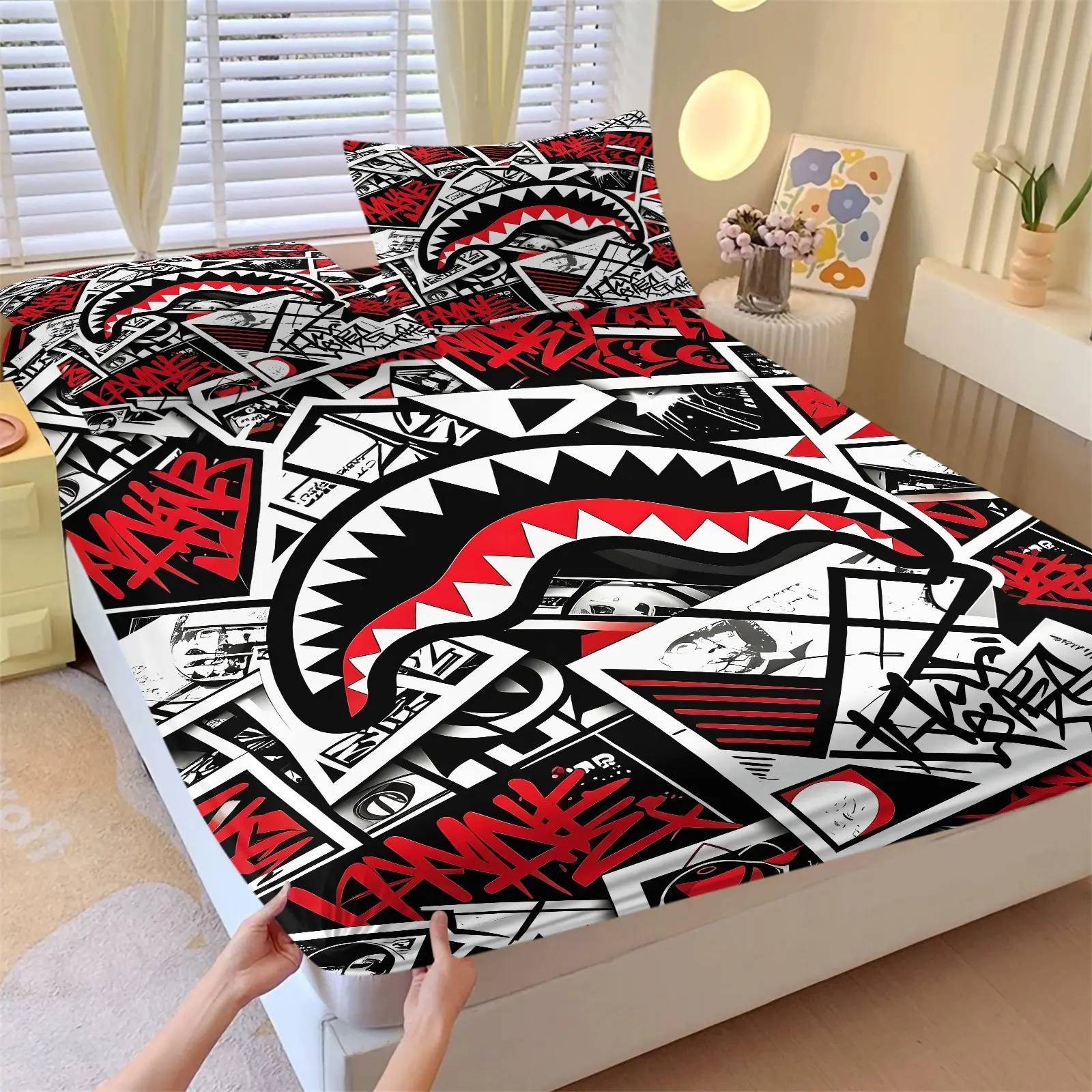 Trendy Street Graffiti Shark Mouth Print Fitted Sheet Set (1 Fitted Sheet + 2 Pillowcases), Soft Breathable Fabric, All-Around Elastic Deep Pocket Mattress Protector, Urban Street Art Bedding, Teen Gamer Room Decor Gift