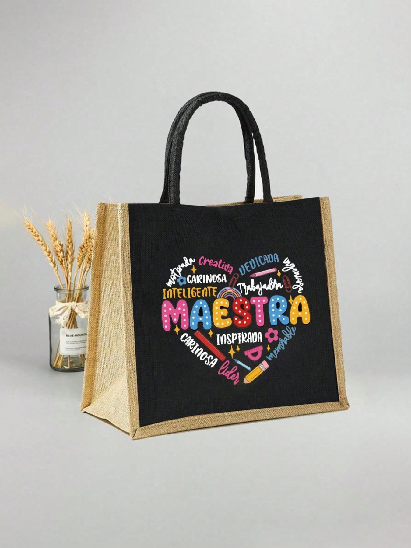 Maestra Theme Tote Bag and Makeup Pouch Set, Heart, Pencil, Ruler, Flower, Paperclip Patterns, Large Capacity Linen Shopping Bag, Skincare Organizer