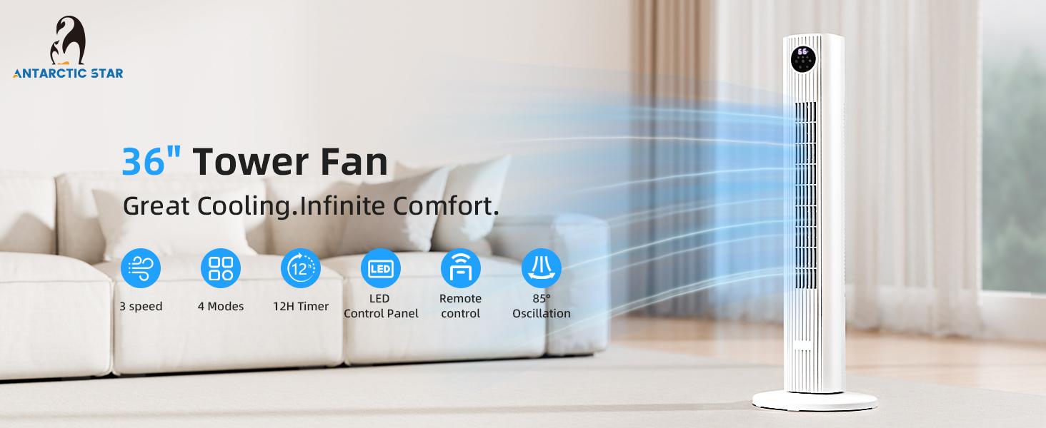 【NOT AC】Antarctic Star Tower Fan Portable Electric 85° Oscillating Fan with Remote Control, Quiet Operation, 3 Speed Settings & 12H Timer, Bladeless Standing Floor Fan for Bedroom & Office[No Cooling] [No Temperature Adjustment]