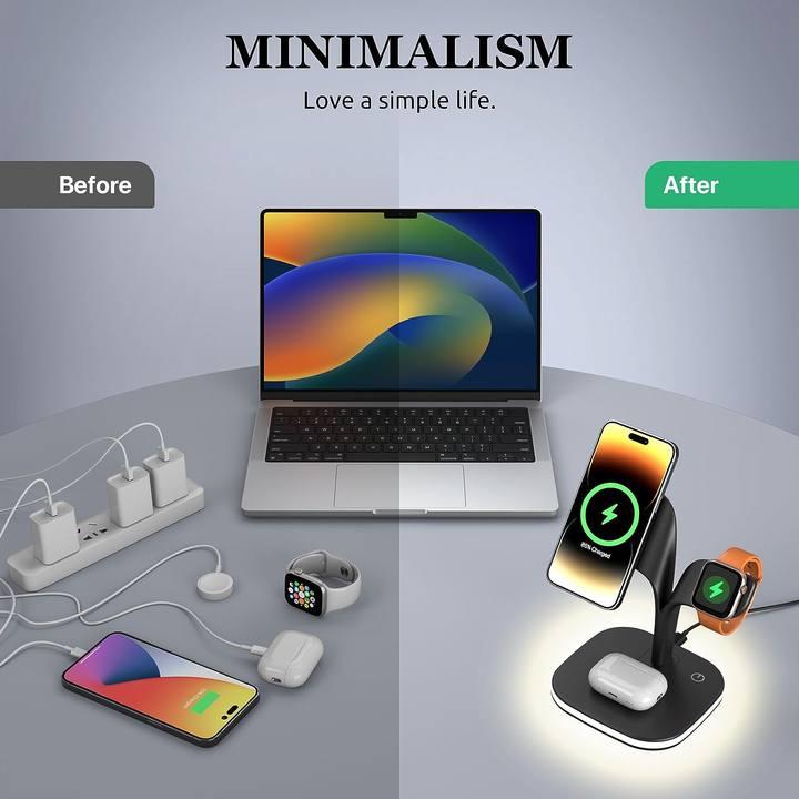 Wireless charger, 3-in-1 Wireless Charging Stand, 5ND GEN, 45% Faster for Apple Watch, iPhone 16, iPhone 15, iPhone 14 Series, AirPods - MagSafe Charging Station for Multiple Devices - Black