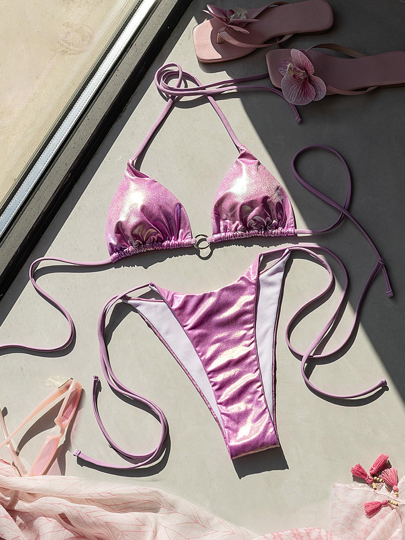 Women's Sexy Swimwear Set, Metallic Glitter, Triangle Cup Tie Design with Metal Rings, Backless Side Tie Swimsuit, Summer Beach Vacation Bikini