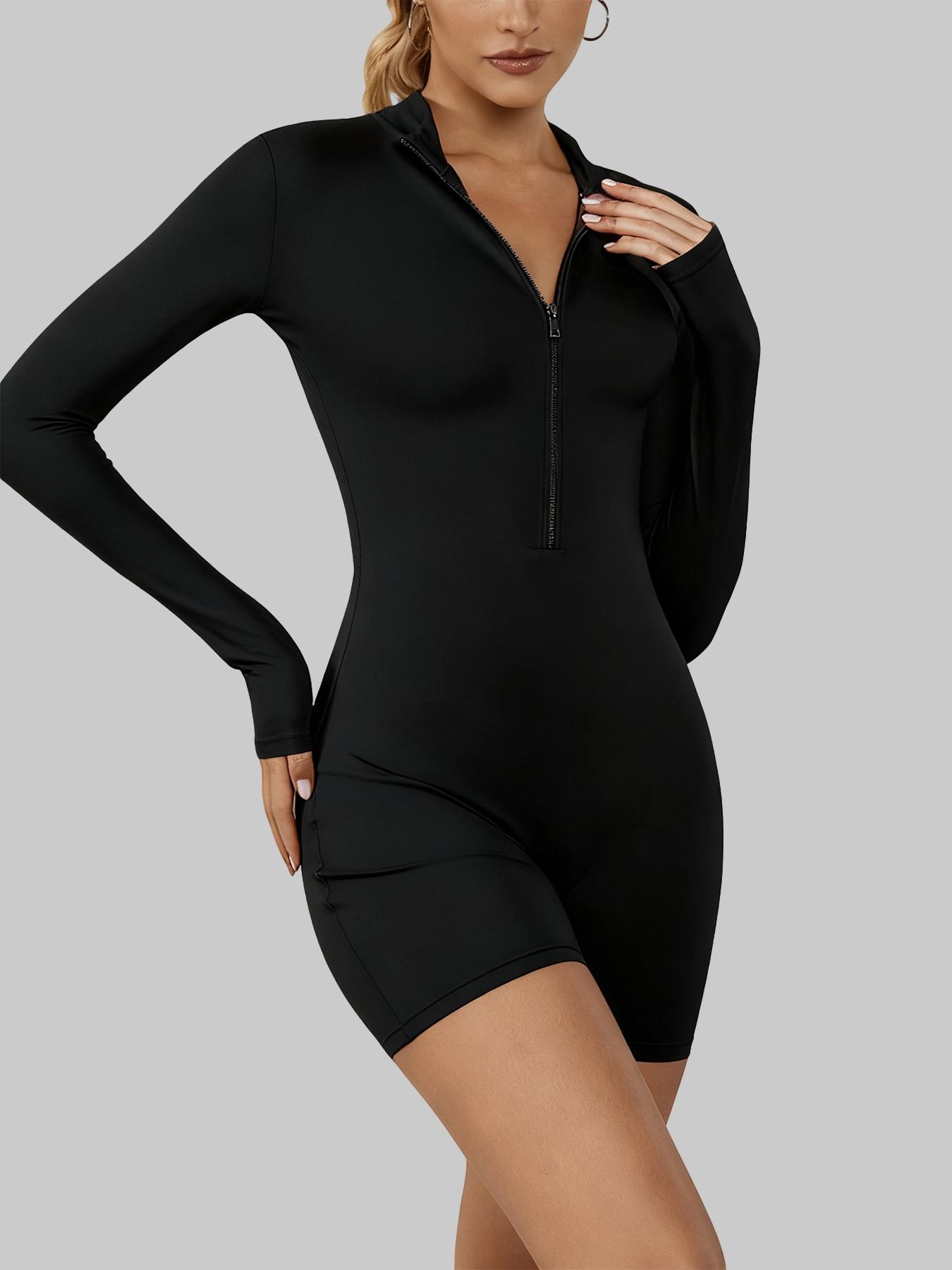 Women's Long Sleeve Zipper Stand Collar Yoga Pantsuit, High Elasticity Soft Fabric, Sporty Above-The-Knee Design for Fall & Winter, Workout Jumpsuit