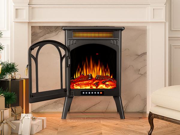 【Fall Deals For You】16 Inch Electric Fireplace, Freestanding Fireplace Stove with 3D Flame Effect, Small Electric Fireplace Heaters for Indoor Use with Remote, Temperature Adjustment, ETL Certified, Black…